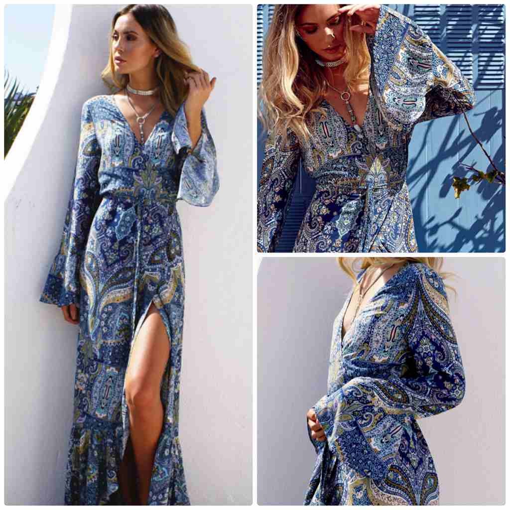 レディース　マキシ丈　ロング丈　ワンピース　スリット　長袖　ビーチ　海　カジュアル　キュート　可愛い　フェミニン　セクシー　きれいめ　上品　エレガント　おしゃれ　お出かけ　お呼ばれ　ブルー　青色　3XL　大きいサイズ　フリーサイズ　ワンサイズ　送料無料