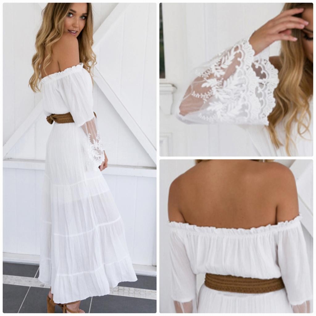 レディース　マキシ丈　ロング丈　ワンピース　オフショルダー　レース　透け感　フレアスリーブ　カジュアル　キュート　可愛い　フェミニン　セクシー　きれいめ　上品　エレガント　おしゃれ　お出かけ　お呼ばれ　ホワイト　白色　S　M　L　XL　サイズ　送料無料