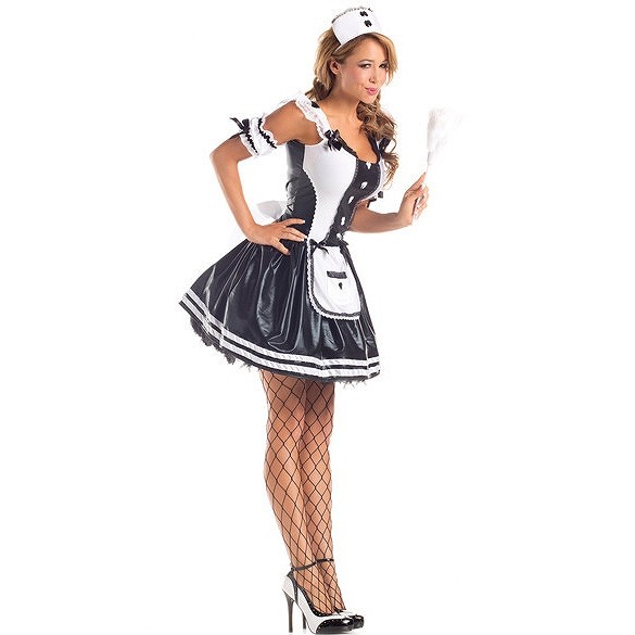 レディース　メイド服　ウエイトレス　ワンピース　ミニスカート　ブラック　ホワイト　黒　白　制服　コスプレ　コスチューム　本格派　衣装　仮装　演劇　舞台　イベント　パーティ　ハロウィン　セクシー　フリーサイズ　ワンサイズ　送料無料