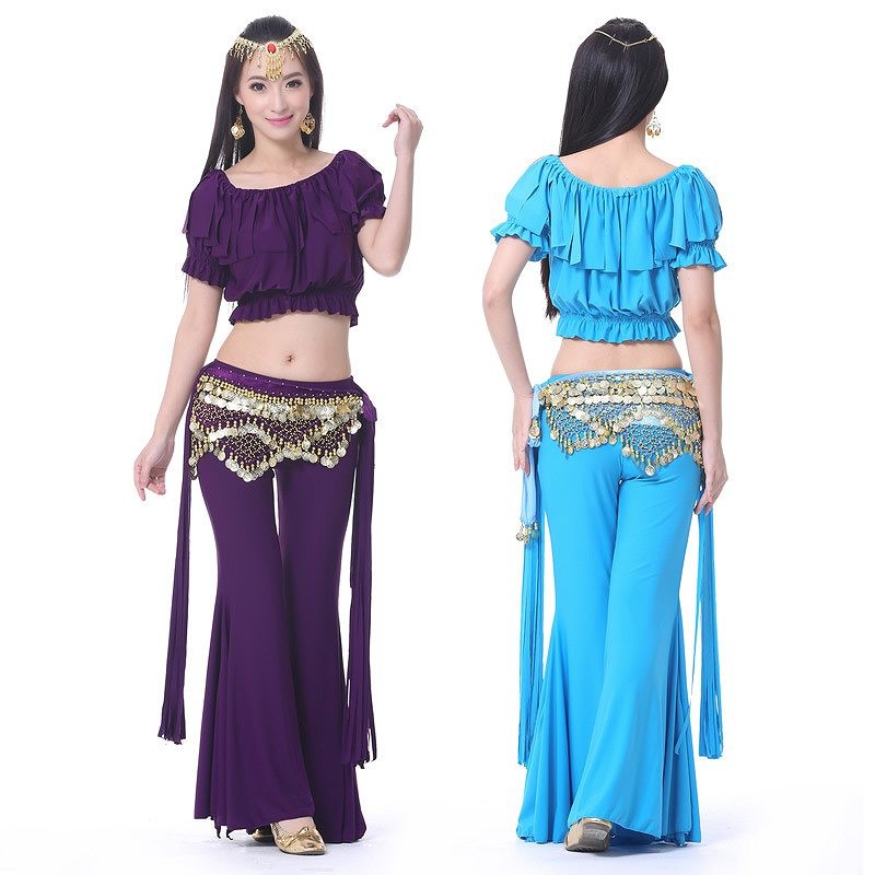ベリーダンス　衣装3点セット　トップス　ボトムス　腰巻き　ダンス　衣装　パーティー　舞台　発表会　結婚式　演奏会　ステージ　イベント　エレガント　セクシー　ブラック　レッド　ピンク　ブルー　パープル　イエロー　ホワイト　グリーン　オレンジ　送料無料