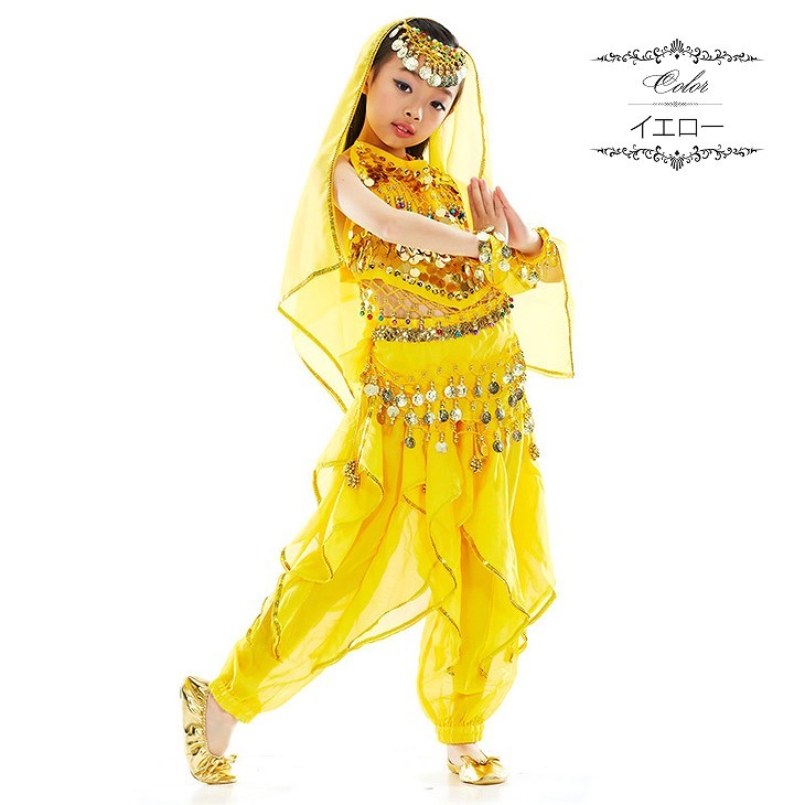 子供用　キッズ　女の子　ベリーダンス　セット　トップス　ボトムス　ベール　ダンス　衣装　パーティー　舞台　発表会　結婚式　演奏会　ステージ　イベント　エレガント　セクシー　ピンク　レッド　イエロー　送料無料