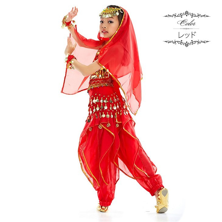 子供用　キッズ　女の子　ベリーダンス　セット　トップス　ボトムス　ベール　ダンス　衣装　パーティー　舞台　発表会　結婚式　演奏会　ステージ　イベント　エレガント　セクシー　ピンク　レッド　イエロー　送料無料