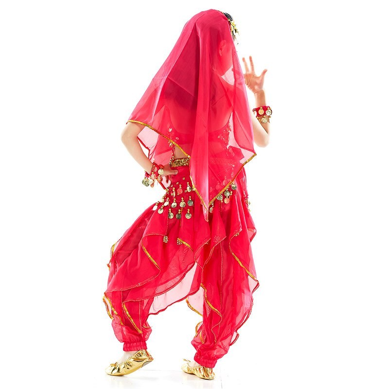 子供用　キッズ　女の子　ベリーダンス　セット　トップス　ボトムス　ベール　ダンス　衣装　パーティー　舞台　発表会　結婚式　演奏会　ステージ　イベント　エレガント　セクシー　ピンク　レッド　イエロー　送料無料