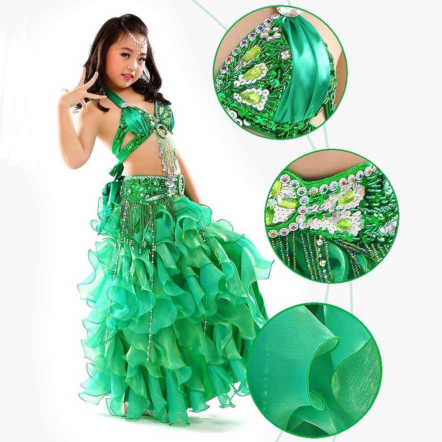 子供用　キッズ　女の子　ベリーダンス　セット　トップス　スカート　腰巻き　ダンス　衣装　パーティー　舞台　発表会　結婚式　演奏会　ステージ　イベント　エレガント　セクシー　ピンク　イエロー　レッド　パープル　ブルー　グリーン　ホワイト　送料無料