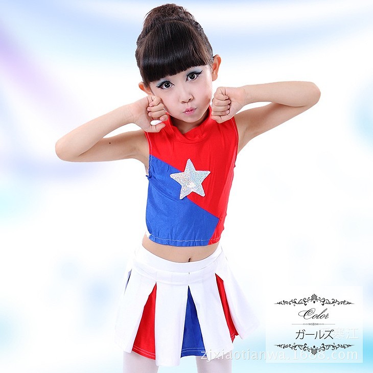 チアリーダー　チアリーディング　子供用　キッズ　女の子　男の子　トップス　スカート　短パン　ワンショルダー　ダンス　衣装　パーティー　舞台　発表会　結婚式　演奏会　ステージ　イベント　エレガント　セクシー　レッド　ブルー　ホワイト　赤　白　青色　送料無料