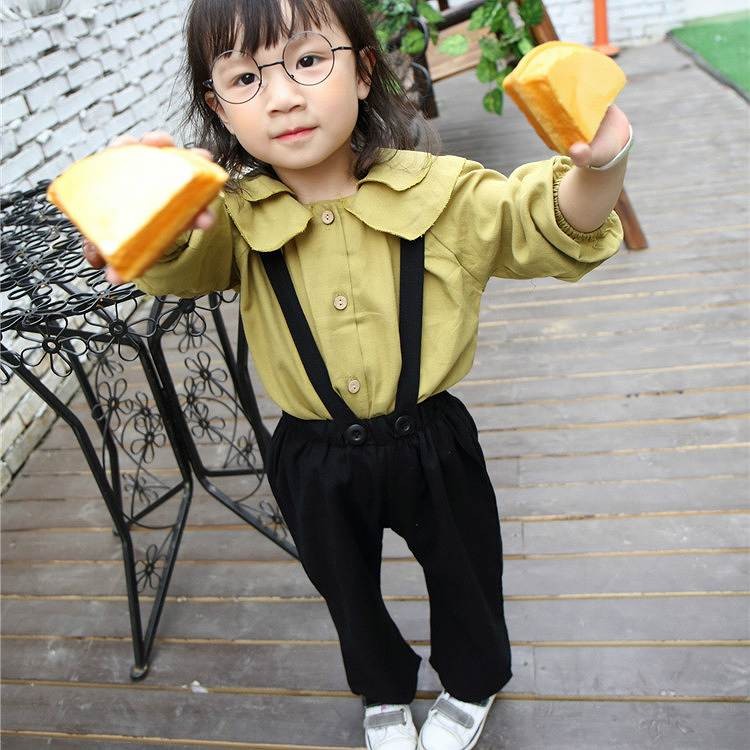 子供服　キッズ　ブラウス　サロペット　パンツ　ワイド　女の子　5分袖　秋　上下セット　セットアップ　かわいい　キュート　おしゃれ　保育園　幼稚園　お着替え　おでかけ　普段着　89101112130 　カーキ　ブラック　送料無料