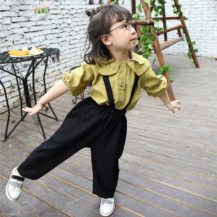 子供服　キッズ　ブラウス　サロペット　パンツ　ワイド　女の子　5分袖　秋　上下セット　セットアップ　かわいい　キュート　おしゃれ　保育園　幼稚園　お着替え　おでかけ　普段着　89101112130 　カーキ　ブラック　送料無料