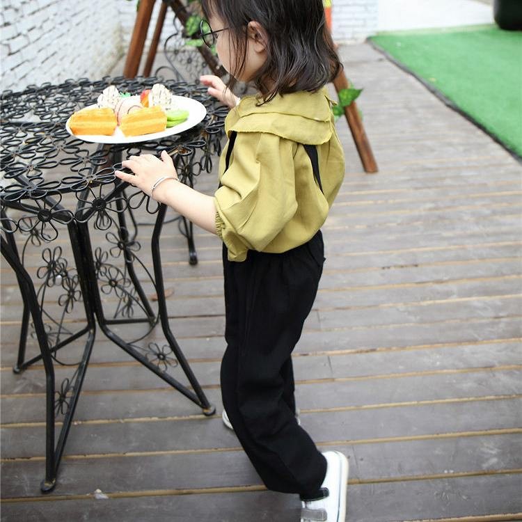 子供服　キッズ　ブラウス　サロペット　パンツ　ワイド　女の子　5分袖　秋　上下セット　セットアップ　かわいい　キュート　おしゃれ　保育園　幼稚園　お着替え　おでかけ　普段着　89101112130 　カーキ　ブラック　送料無料