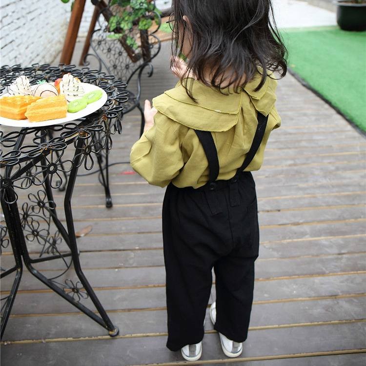 子供服　キッズ　ブラウス　サロペット　パンツ　ワイド　女の子　5分袖　秋　上下セット　セットアップ　かわいい　キュート　おしゃれ　保育園　幼稚園　お着替え　おでかけ　普段着　89101112130 　カーキ　ブラック　送料無料