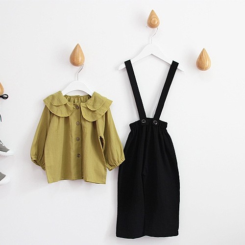 子供服　キッズ　ブラウス　サロペット　パンツ　ワイド　女の子　5分袖　秋　上下セット　セットアップ　かわいい　キュート　おしゃれ　保育園　幼稚園　お着替え　おでかけ　普段着　89101112130 　カーキ　ブラック　送料無料