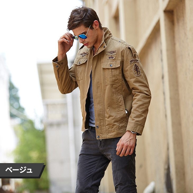 メンズ　アウター　ジャケット　カジュアルジャケット　長袖　ミリタリージャケット　ワッペン　大きいサイズ　かっこいい　おしゃれ　カジュアル　デート　普段着　カーキ　ベージュ　ブラック　黒　グリーン　送料無料