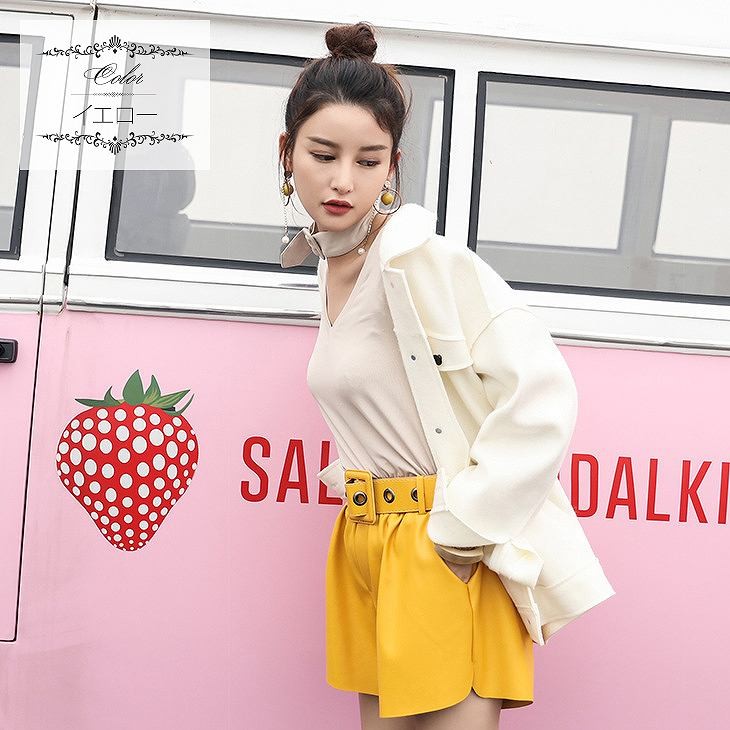 レディース　ボトムス　ショートパンツ　レザーパンツ　皮パン　革パン　PUレザー　ストリートファッション　かわいい　フェミニン　かっこいい　ブラック　黒　黄色　イエロー　送料無料