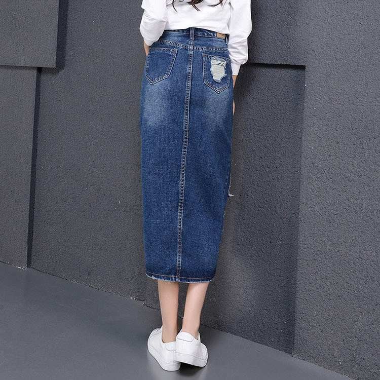 レディース　ボトムス　デニムスカート　ダメージ　クラッシュデニム　ウォッシュ加工　ミモレ丈　スリット　ハイポケット　カジュアル　かわいい　おしゃれ　フェミニン　キュート　ブルー　送料無料
