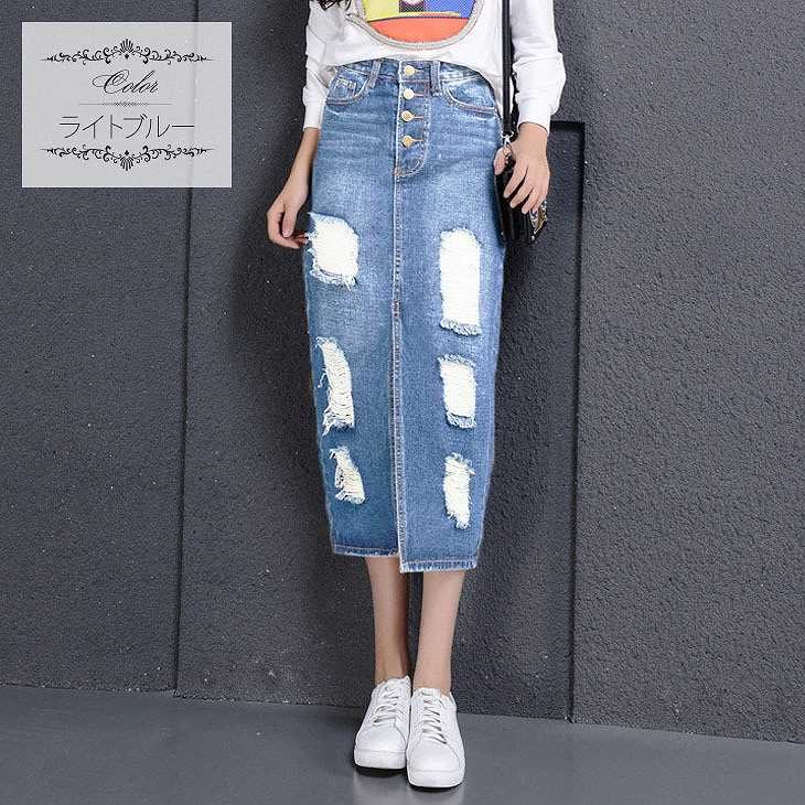 レディース　ボトムス　デニムスカート　ダメージ　クラッシュデニム　ウォッシュ加工　ミモレ丈　スリット　ハイポケット　カジュアル　かわいい　おしゃれ　フェミニン　キュート　ブルー　送料無料