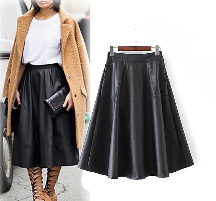 レディース　ボトムス　スカート　レザースカート　PUレザー　スイングスカート　フレア　秋　ミモレ丈　ポケット付　カジュアル　フェミニン　キュート　可愛い　おしゃれ　セクシー　無地　ブラック　黒　送料無料