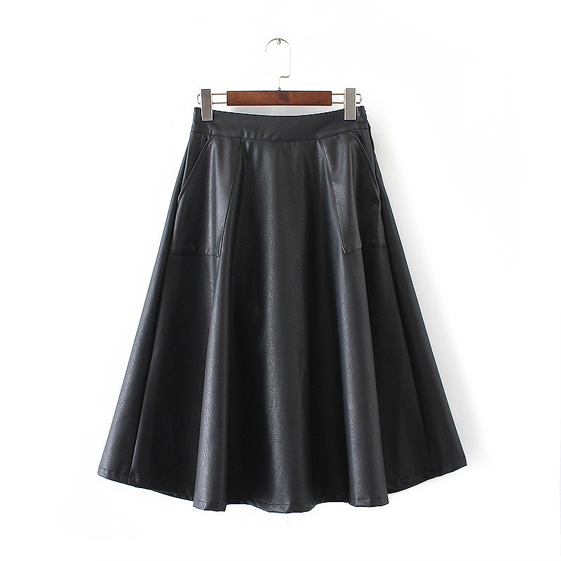 レディース　ボトムス　スカート　レザースカート　PUレザー　スイングスカート　フレア　秋　ミモレ丈　ポケット付　カジュアル　フェミニン　キュート　可愛い　おしゃれ　セクシー　無地　ブラック　黒　送料無料