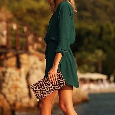 レディース　Vネック　ワンピース　ドレス　ミニ丈　　七分袖　トップス　カジュアル　キュート　大人　可愛い　フェミニン　セクシー　おしゃれ　お出かけ　デイリー　グリーン　緑色　S　Ｍ　Ｌ　XL　サイズ　送料無料