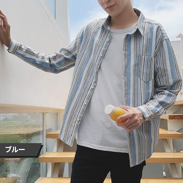 メンズ　シャツ　ストライプ　長袖　ロングスリーブ　トップス　カジュアル　ファッション　男性　おしゃれ　レッド　グリーン　ブルー　赤　緑色　青　Ｍ　Ｌ　XL　XXL　大きいサイズ　送料無料