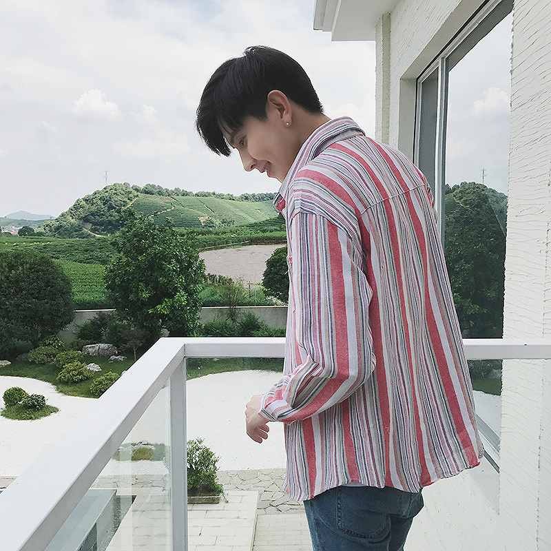 メンズ　シャツ　ストライプ　長袖　ロングスリーブ　トップス　カジュアル　ファッション　男性　おしゃれ　レッド　グリーン　ブルー　赤　緑色　青　Ｍ　Ｌ　XL　XXL　大きいサイズ　送料無料