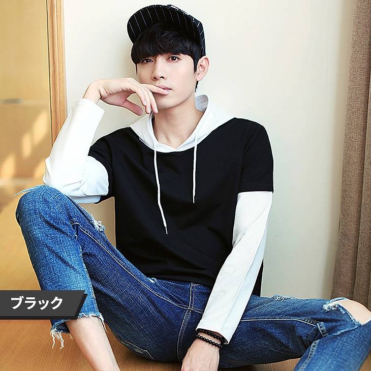 メンズ　フード付き　ロングTシャツ　ロンT　長袖　ロングスリーブ　トップス　カジュアル　ファッション　男性　おしゃれ　ブラック　ブルー　グリーン　黒　青　緑色　Ｍ　Ｌ　XL　XXL　サイズ　送料無料