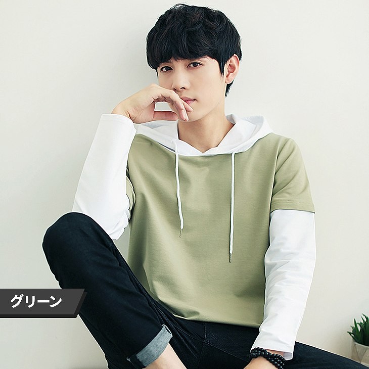メンズ　フード付き　ロングTシャツ　ロンT　長袖　ロングスリーブ　トップス　カジュアル　ファッション　男性　おしゃれ　ブラック　ブルー　グリーン　黒　青　緑色　Ｍ　Ｌ　XL　XXL　サイズ　送料無料