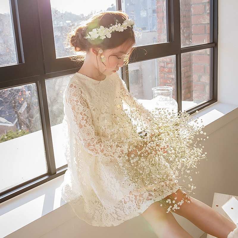 キッズ　ドレス　ワンピース　レース　透け感　ミニ丈　ラウンドネック　長袖　女の子　可愛い　キュート　子供　ジュニア　レッド　赤色　101112131415サイズ　送料無料