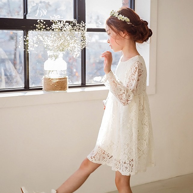 キッズ　ドレス　ワンピース　レース　透け感　ミニ丈　ラウンドネック　長袖　女の子　可愛い　キュート　子供　ジュニア　レッド　赤色　101112131415サイズ　送料無料