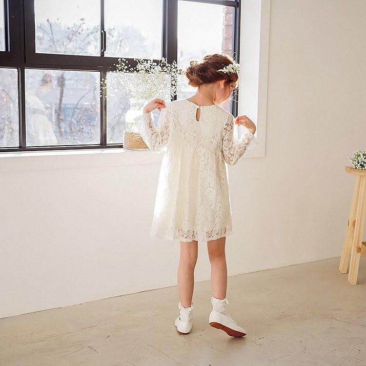 キッズ　ドレス　ワンピース　レース　透け感　ミニ丈　ラウンドネック　長袖　女の子　可愛い　キュート　子供　ジュニア　レッド　赤色　101112131415サイズ　送料無料
