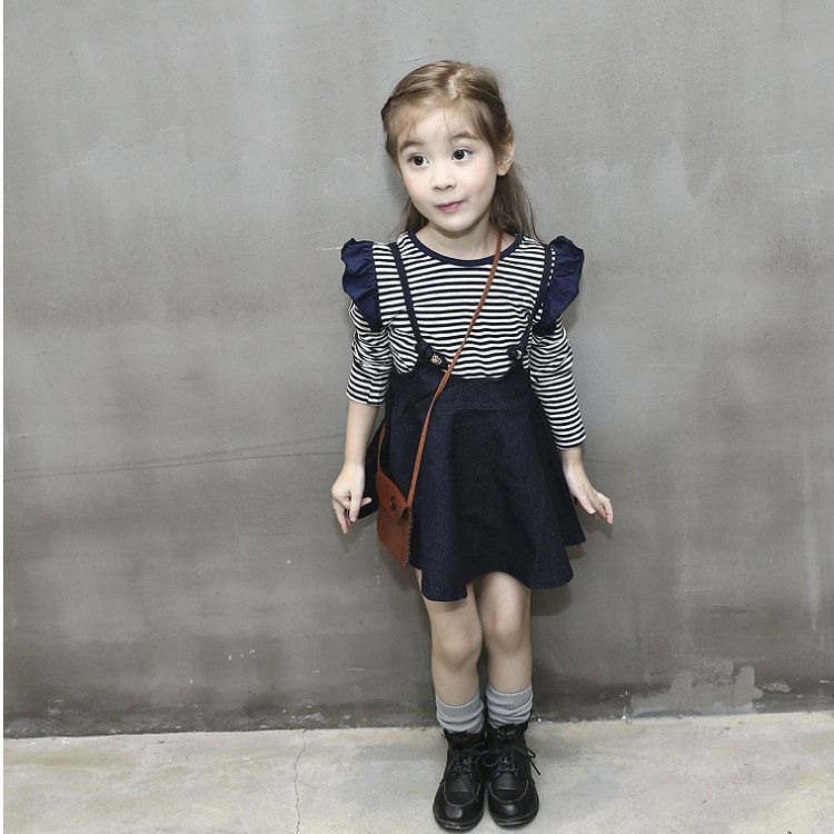 キッズ　ボーダー　ロングTシャツ　フレア　スカート　2点セット　ロングスリーブ　女の子　可愛い　キュート　子供　ジュニア　ネイビー　紺色　フリーサイズ　ワンサイズ　送料無料