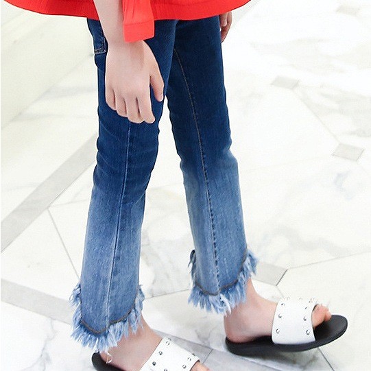 キッズ　ベルボトム　ブーツカット　ジーンズ　デニム　ジーパン　切りっぱなし　ボトムス　女の子　可愛い　キュート　子供　ジュニア　ブルー　青　紺色　111213141516サイズ　送料無料