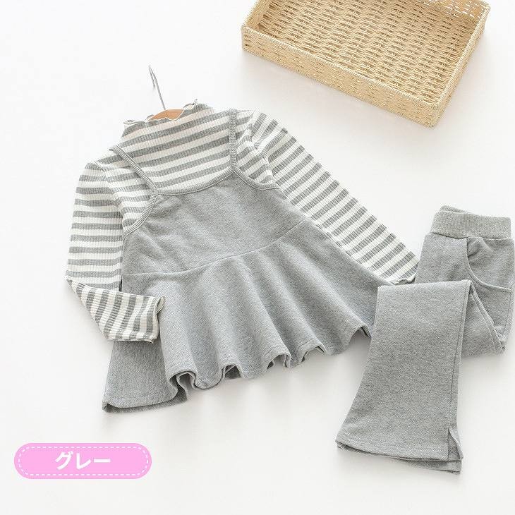 キッズ　ボーダー　ワンピース　スパッツ　フレア　スカート　ボトムス　女の子　可愛い　キュート　子供　ジュニア　グレー　ピンク　ネイビー　灰色　紺　フリーサイズ　ワンサイズ　送料無料