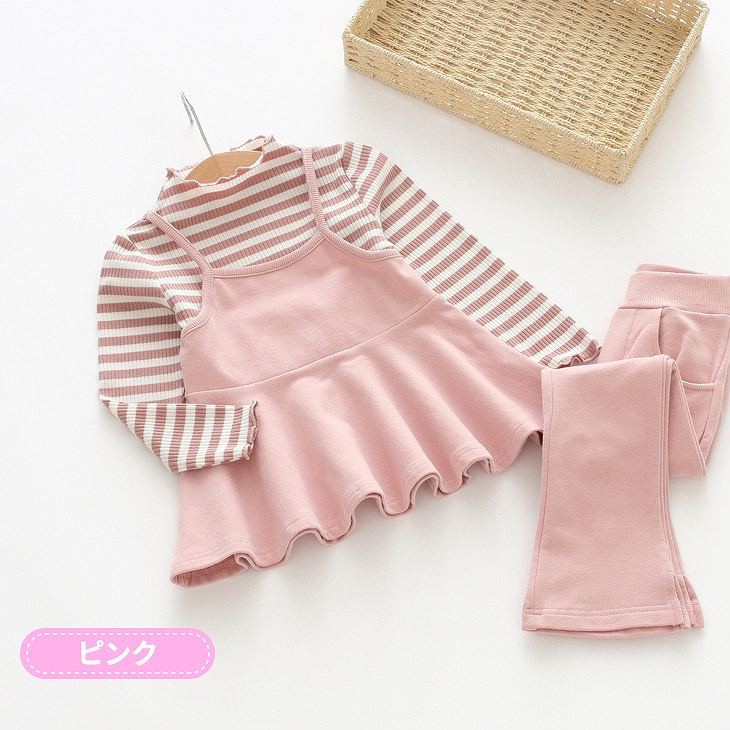 キッズ　ボーダー　ワンピース　スパッツ　フレア　スカート　ボトムス　女の子　可愛い　キュート　子供　ジュニア　グレー　ピンク　ネイビー　灰色　紺　フリーサイズ　ワンサイズ　送料無料