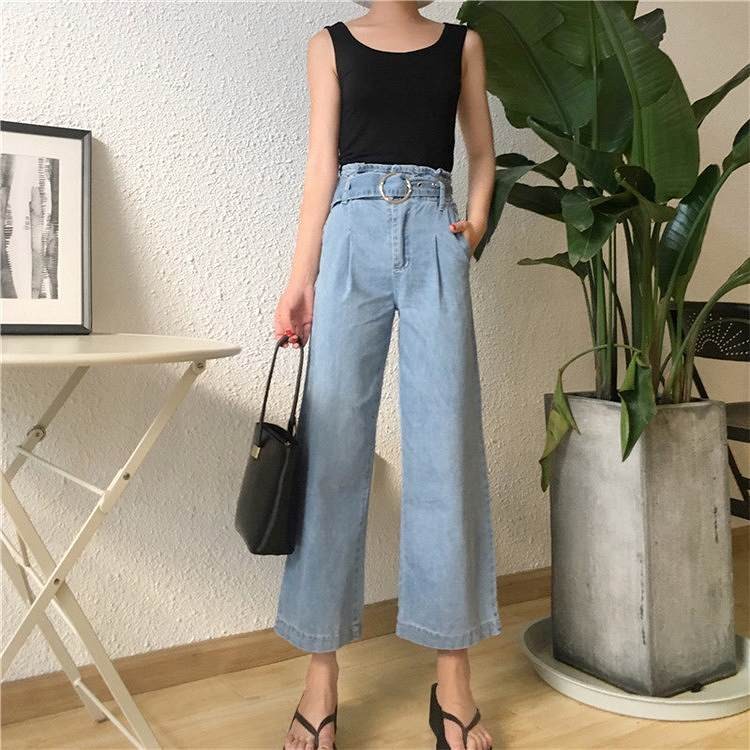 レディース　ボトムス　ガウチョパンツ　ワイドパンツ　デニムパンツ　ジーンズ　クロップド　ハイウエスト　ベルト付き　無地　大人可愛い　カジュアル　デイリー　お出かけ　デート　ブルー　送料無料