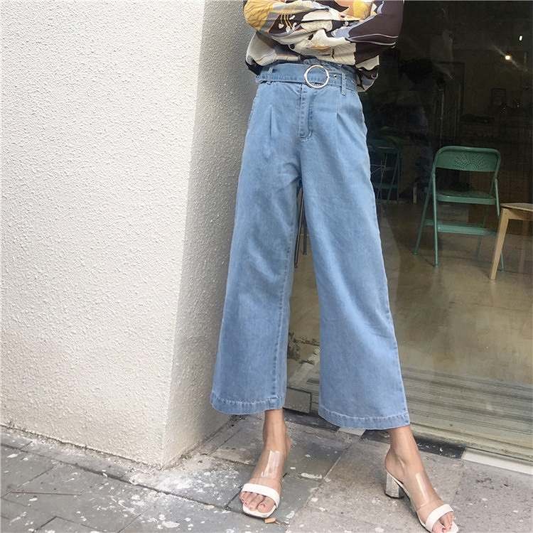 レディース　ボトムス　ガウチョパンツ　ワイドパンツ　デニムパンツ　ジーンズ　クロップド　ハイウエスト　ベルト付き　無地　大人可愛い　カジュアル　デイリー　お出かけ　デート　ブルー　送料無料