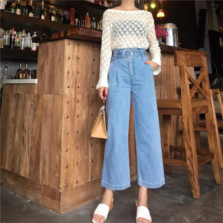 レディース　ボトムス　ガウチョパンツ　ワイドパンツ　デニムパンツ　ジーンズ　クロップド　ハイウエスト　ベルト付き　無地　大人可愛い　カジュアル　デイリー　お出かけ　デート　ブルー　送料無料