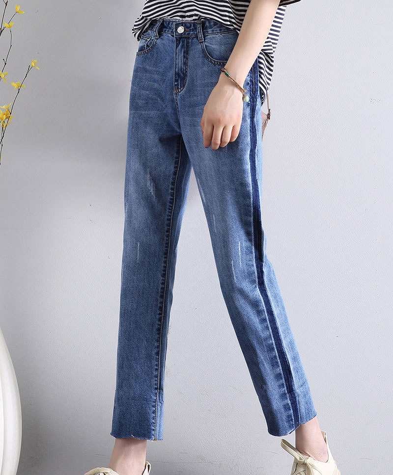 レディース　ボトムス　ジーンズ　デニム　ストレート　アンクル　ゆったり　カットオフデニム　ダメージ　無地　9分丈　大人カジュアル　フェミニン　シンプル　リゾート　普段着　デイリー　お出かけ　デート　ブルー　送料無料