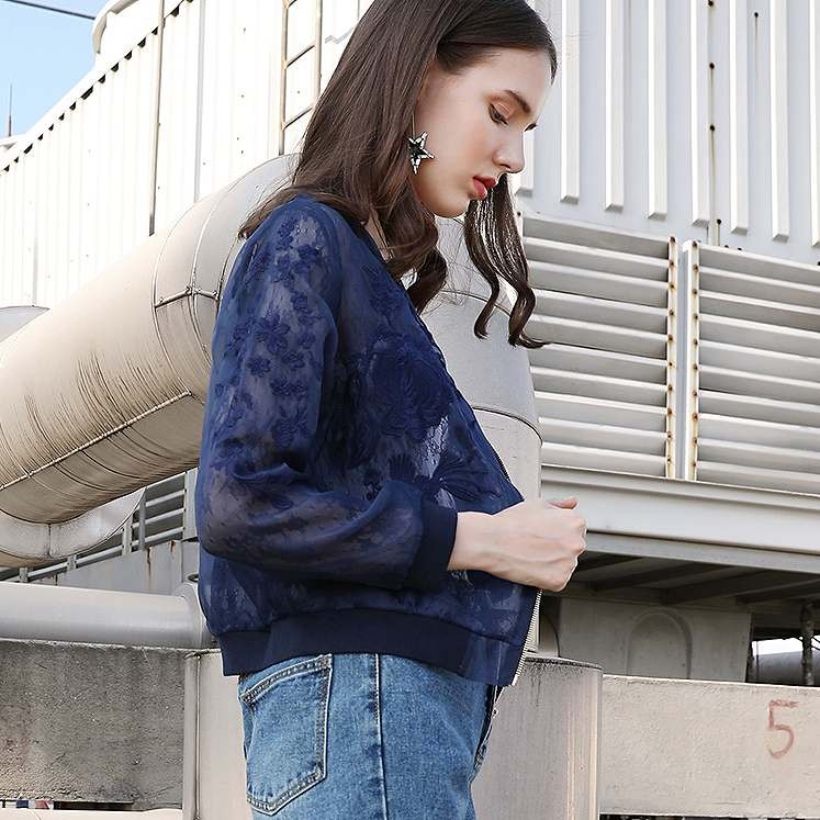 レディース　ライトアウター　総レース　ショート　ジャケット　ノーカラー　ジップアップ　長袖　無地　大きいサイズ　カジュアル　大人可愛い　エレガント　春秋　デート　お出かけ　デイリー　ネイビー　ピンク　ブラック　送料無料