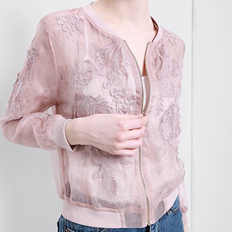 レディース　ライトアウター　総レース　ショート　ジャケット　ノーカラー　ジップアップ　長袖　無地　大きいサイズ　カジュアル　大人可愛い　エレガント　春秋　デート　お出かけ　デイリー　ネイビー　ピンク　ブラック　送料無料