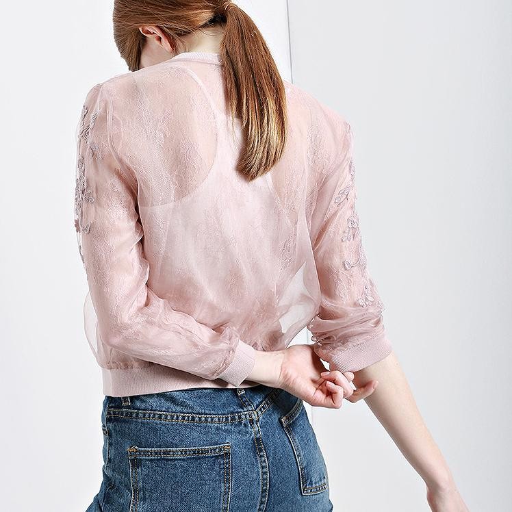 レディース　ライトアウター　総レース　ショート　ジャケット　ノーカラー　ジップアップ　長袖　無地　大きいサイズ　カジュアル　大人可愛い　エレガント　春秋　デート　お出かけ　デイリー　ネイビー　ピンク　ブラック　送料無料