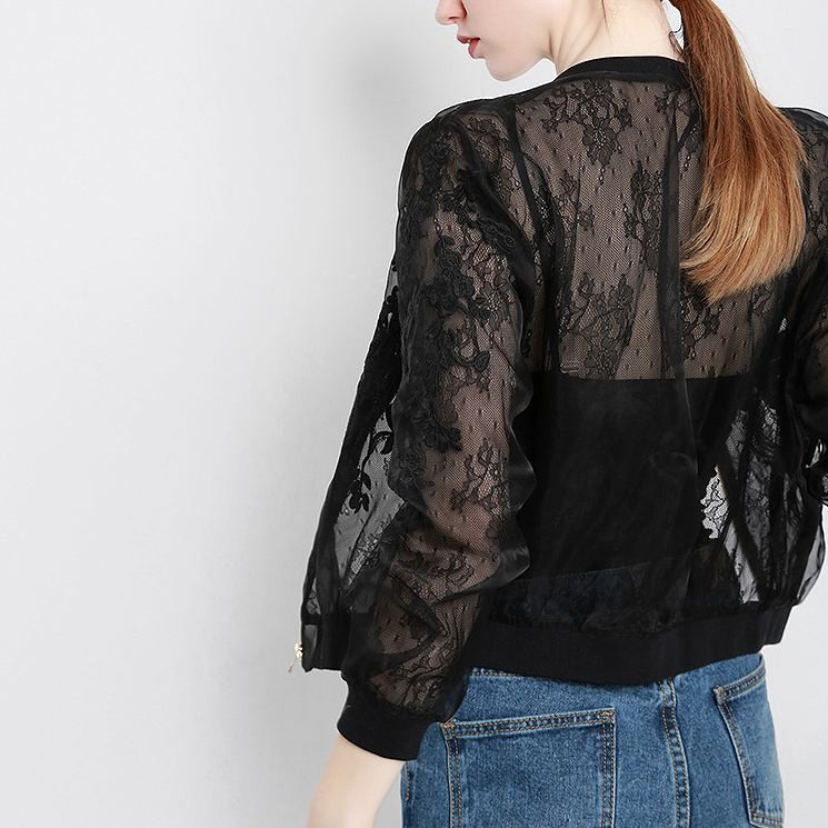 レディース　ライトアウター　総レース　ショート　ジャケット　ノーカラー　ジップアップ　長袖　無地　大きいサイズ　カジュアル　大人可愛い　エレガント　春秋　デート　お出かけ　デイリー　ネイビー　ピンク　ブラック　送料無料