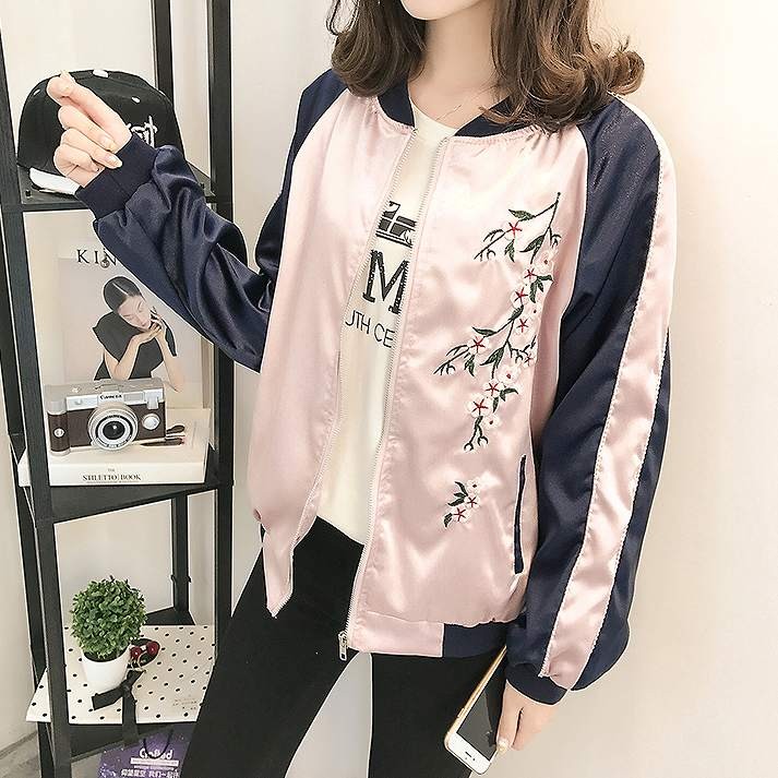 レディース　ライトアウター　ジャケット　ノーカラー　スカジャン　ジップアップ　長袖　刺繍　大きいサイズ　カジュアル　大人可愛い　ストリート系　スポーツ　観戦　ジョギング　デート　お出かけ　デイリー　ピンク×ブラック　送料無料