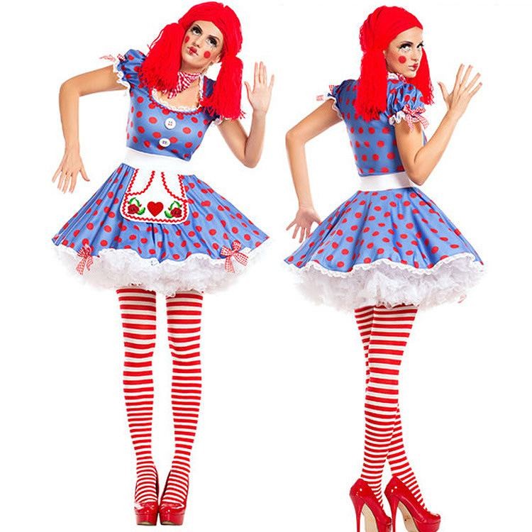 レディース　コスチューム　ピエロ　道化師　パフォーマー　サーカス　ワンピース　衣装　本格派　リアルデザイン　学園祭　ステージ　公演　演劇　ハロウィン　イベント　パーティ　仮装　ブルー　送料無料