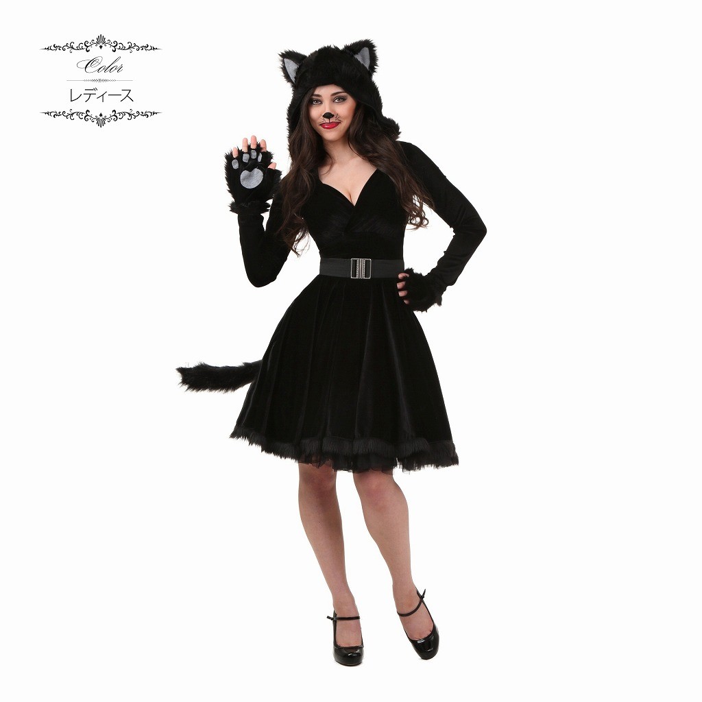 レディース　メンズ　コスプレ　ハロウィン　黒猫　動物　ねこ　ネコ　スカート　手袋　着ぐるみ　かわいい　セクシー　コスチューム　仮装　衣装　イベント　ステージ　舞台　演劇　ブラック　送料無料