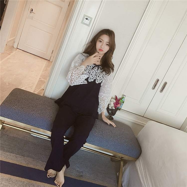 レディース　パジャマ　ナイトウェア　長袖　綿　ズボン　パンツ　上下セット　レース　フレア　部屋着　ルームウェア　シンプル　キュート　かわいい 　フェミニン　セクシー　ネイビー　ブラック　ピンク　送料無料