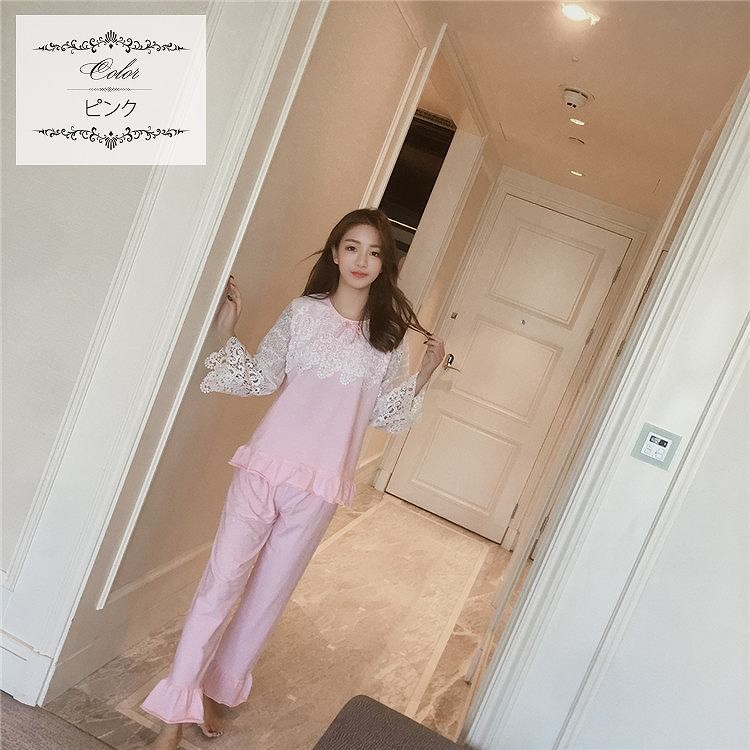 レディース　パジャマ　ナイトウェア　長袖　綿　ズボン　パンツ　上下セット　レース　フレア　部屋着　ルームウェア　シンプル　キュート　かわいい 　フェミニン　セクシー　ネイビー　ブラック　ピンク　送料無料