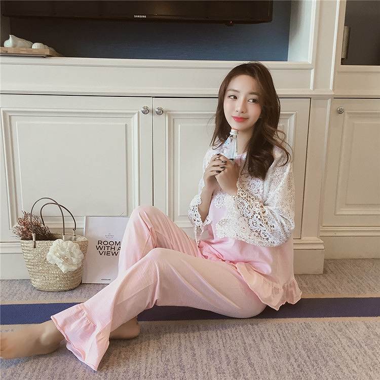 レディース　パジャマ　ナイトウェア　長袖　綿　ズボン　パンツ　上下セット　レース　フレア　部屋着　ルームウェア　シンプル　キュート　かわいい 　フェミニン　セクシー　ネイビー　ブラック　ピンク　送料無料