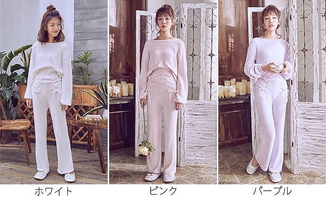 レディース　パジャマ　ナイトウェア　長袖　秋　冬　パイル　ベルベット　上下セット　部屋着　ルームウェア　ゆったり　シンプル　キュート　かわいい　フェミニン　ホワイト　白　ピンク　パープル　送料無料