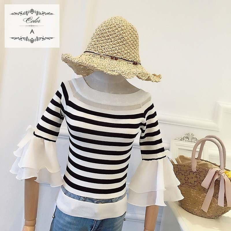 レディース　トップス　Tシャツ　7分袖　ボーダー　無地　カットソー　オフショルダー　ホーンスリーブ　ティアードスリープ　シンプル　スリム　おしゃれ　カジュアル　大人可愛い　フェミニン　デート　お出かけ　普段着　ブラック　黒　ホワイト　白　送料無料