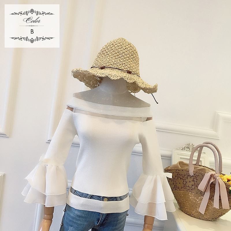 レディース　トップス　Tシャツ　7分袖　ボーダー　無地　カットソー　オフショルダー　ホーンスリーブ　ティアードスリープ　シンプル　スリム　おしゃれ　カジュアル　大人可愛い　フェミニン　デート　お出かけ　普段着　ブラック　黒　ホワイト　白　送料無料