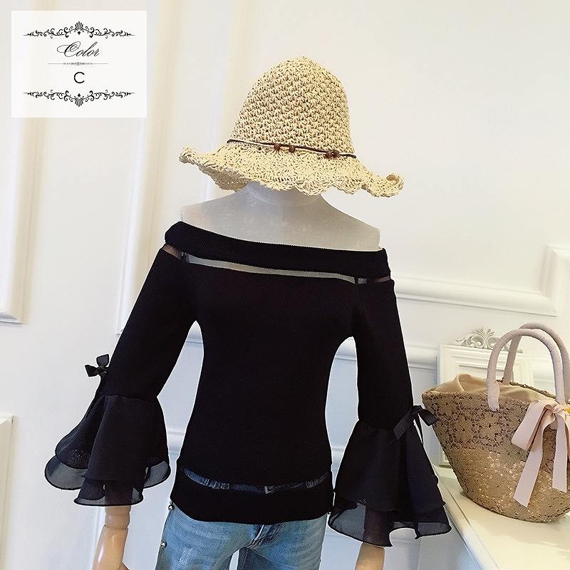 レディース　トップス　Tシャツ　7分袖　ボーダー　無地　カットソー　オフショルダー　ホーンスリーブ　ティアードスリープ　シンプル　スリム　おしゃれ　カジュアル　大人可愛い　フェミニン　デート　お出かけ　普段着　ブラック　黒　ホワイト　白　送料無料